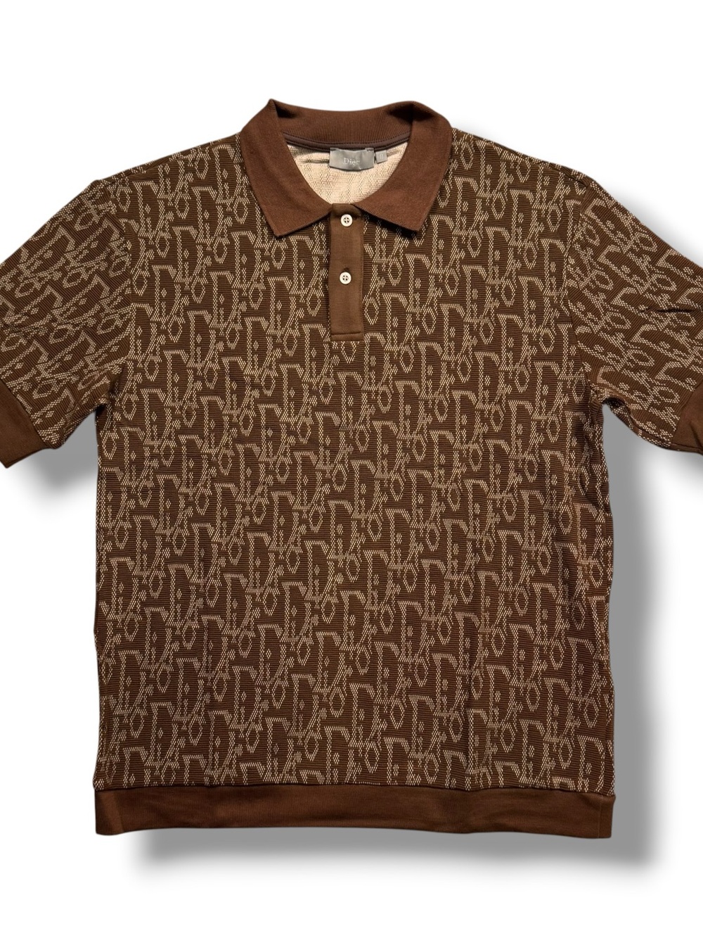 Dior Brown Oblique Mens Monogram Logo Cotton Jacquard Knit Polo Shirt Size Small